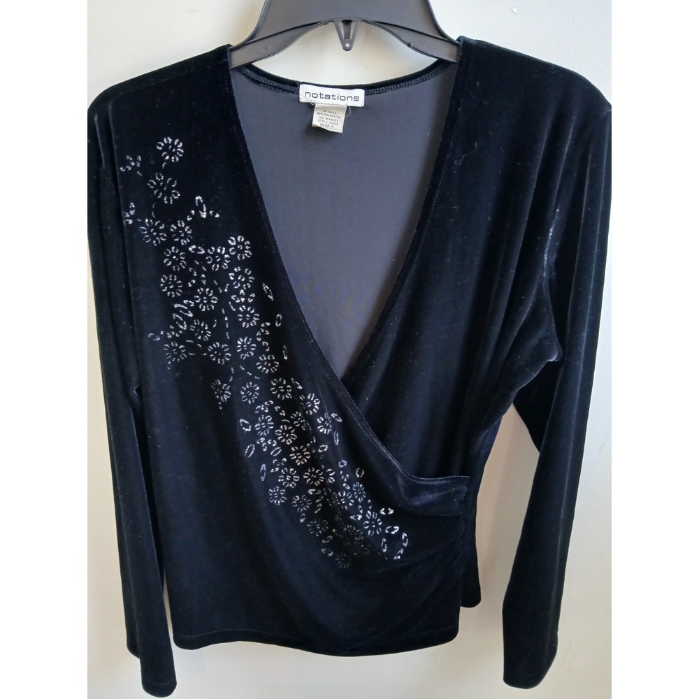 Women's Velvet Faux‎ Wrap Long Sleeve Black Top LG Timeless Classic Whimsigoth